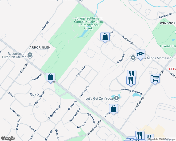 map of restaurants, bars, coffee shops, grocery stores, and more near 708 Canterbury Lane in Horsham