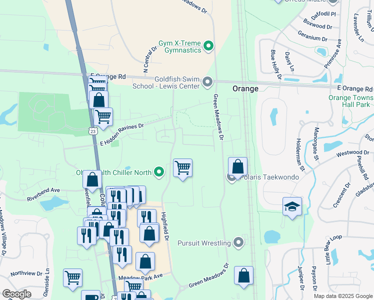 map of restaurants, bars, coffee shops, grocery stores, and more near 644 Spring Valley Drive in Lewis Center