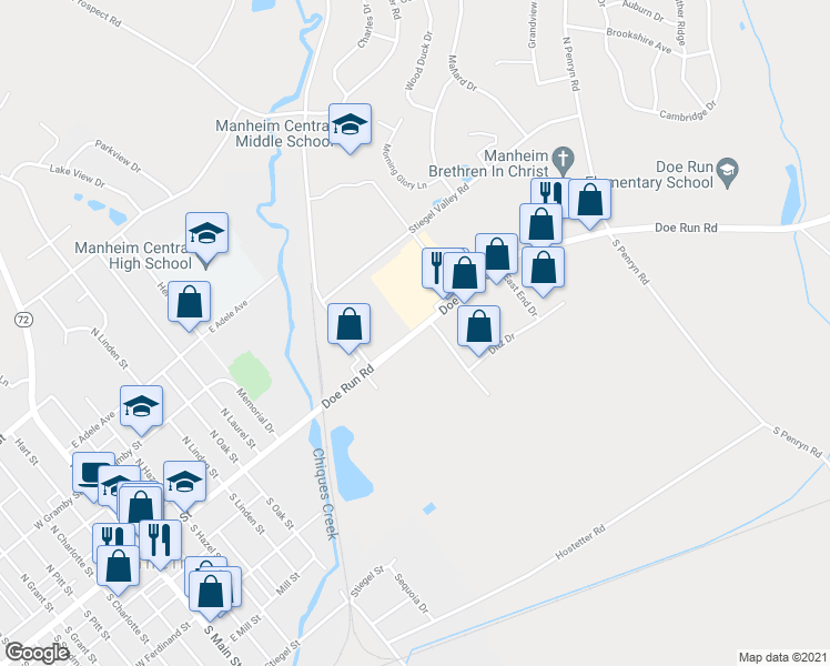 map of restaurants, bars, coffee shops, grocery stores, and more near 82 Doe Run Road in Manheim
