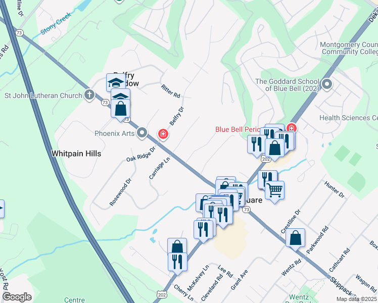 map of restaurants, bars, coffee shops, grocery stores, and more near 855 Whitney Drive in Blue Bell