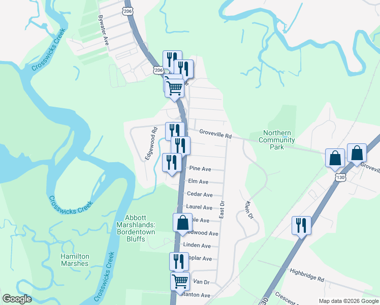 map of restaurants, bars, coffee shops, grocery stores, and more near 5 Spruce Avenue in Bordentown