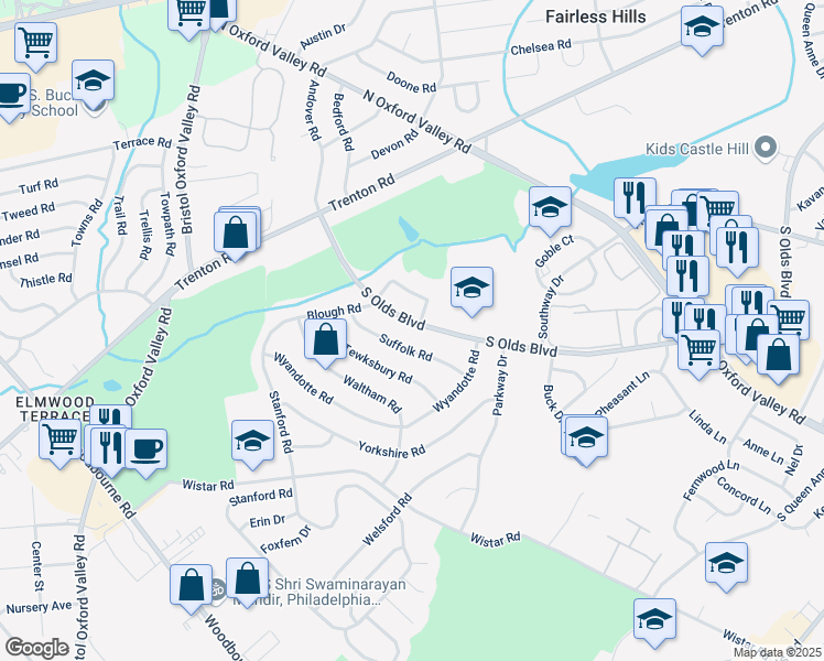 map of restaurants, bars, coffee shops, grocery stores, and more near 212 South Olds Boulevard in Fairless Hills