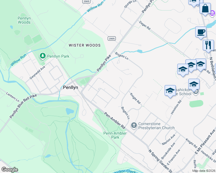 map of restaurants, bars, coffee shops, grocery stores, and more near 186 Albemarle Drive in Penllyn