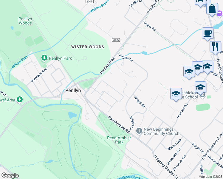 map of restaurants, bars, coffee shops, grocery stores, and more near 174 Albemarle Drive in Penllyn