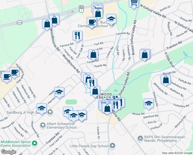 map of restaurants, bars, coffee shops, grocery stores, and more near 74 Twin Oak Drive in Levittown