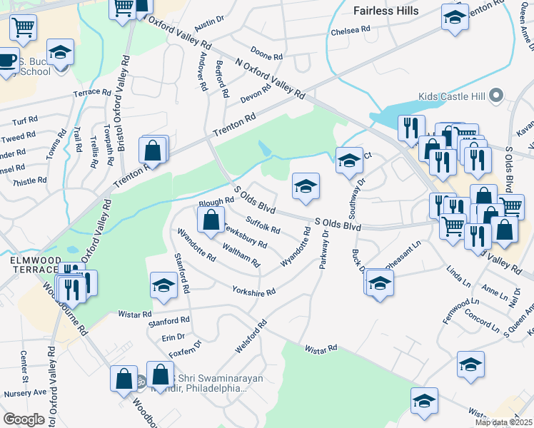 map of restaurants, bars, coffee shops, grocery stores, and more near 212 South Olds Boulevard in Fairless Hills