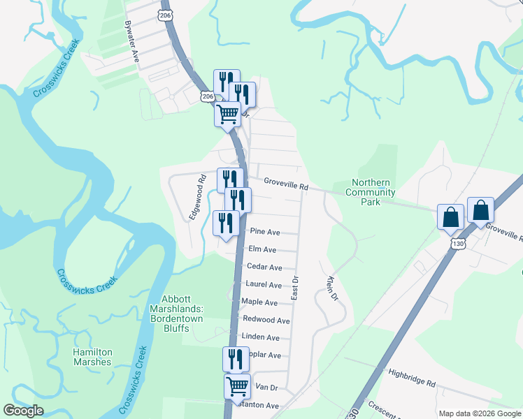 map of restaurants, bars, coffee shops, grocery stores, and more near 5 Spruce Avenue in Bordentown