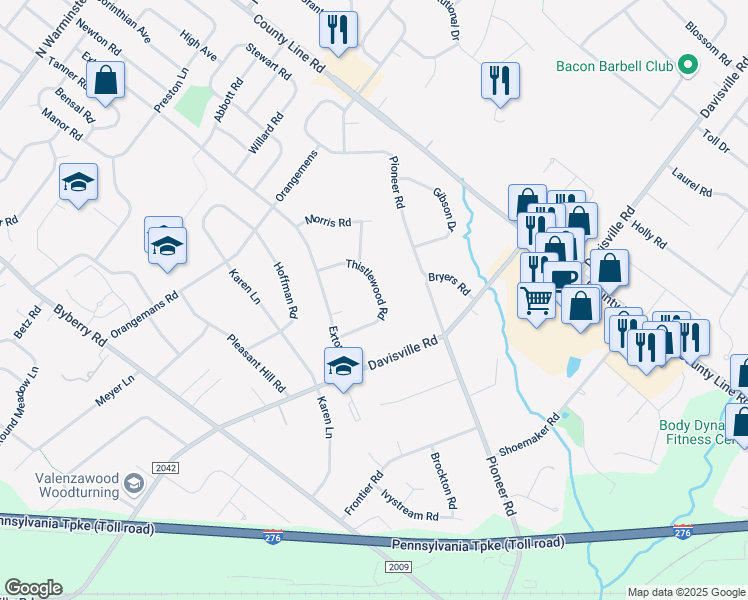 map of restaurants, bars, coffee shops, grocery stores, and more near 4200 Thistlewood Road in Hatboro
