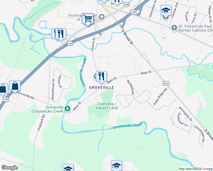 map of restaurants, bars, coffee shops, grocery stores, and more near in Groveville