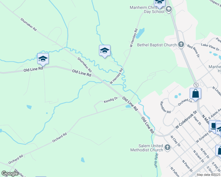 map of restaurants, bars, coffee shops, grocery stores, and more near 797 Old Line Road in Manheim