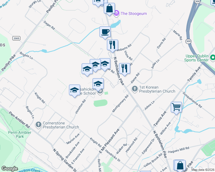 map of restaurants, bars, coffee shops, grocery stores, and more near 501 North Bethlehem Pike in Ambler