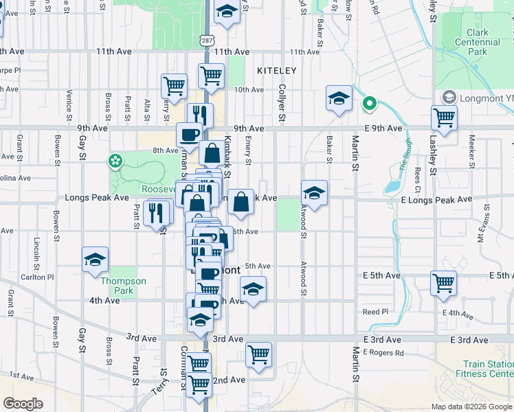 map of restaurants, bars, coffee shops, grocery stores, and more near 629 Collyer Street in Longmont