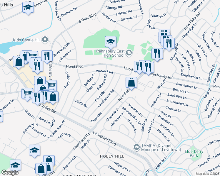 map of restaurants, bars, coffee shops, grocery stores, and more near 516 Elford Road in Fairless Hills