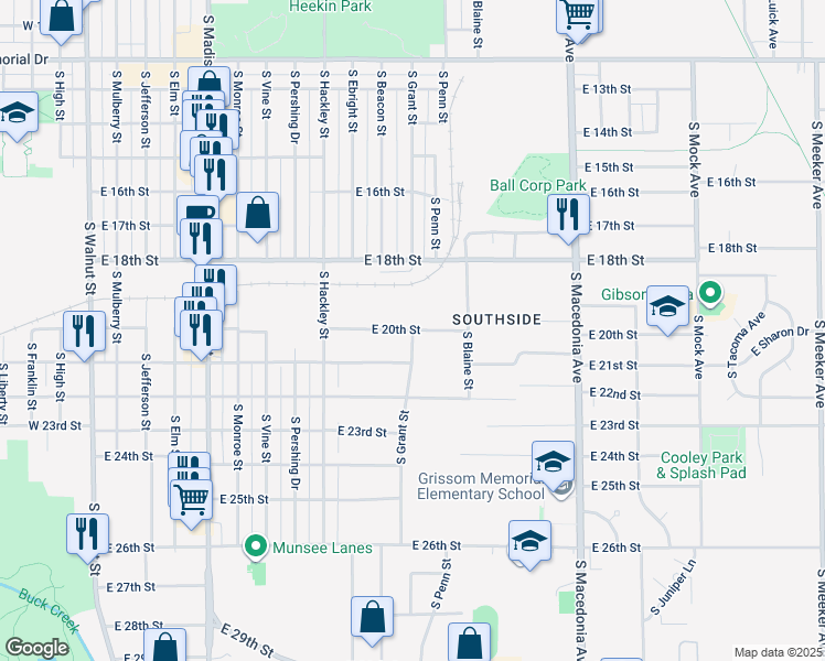 map of restaurants, bars, coffee shops, grocery stores, and more near East 20th Street in Muncie