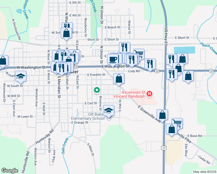 map of restaurants, bars, coffee shops, grocery stores, and more near 426 East South Street in Winchester