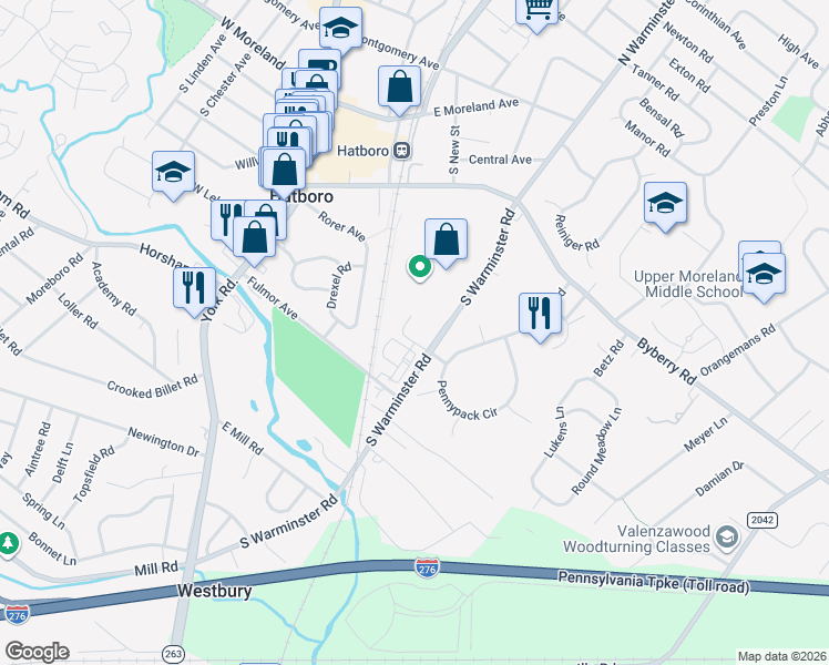 map of restaurants, bars, coffee shops, grocery stores, and more near 330 Station Park Drive in Hatboro