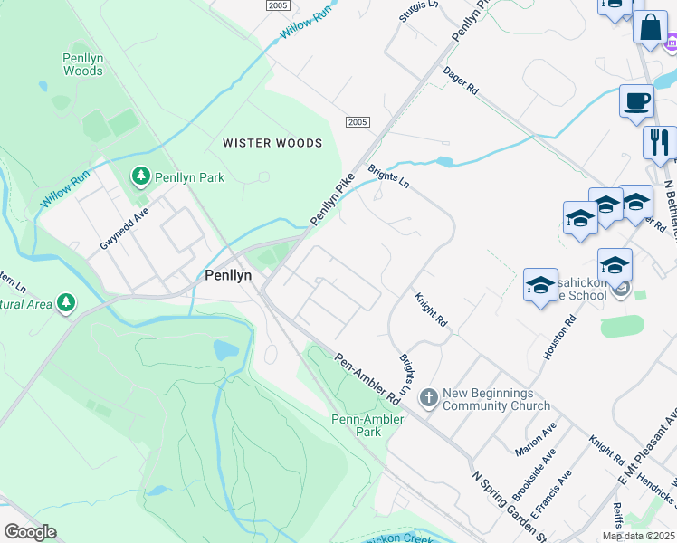 map of restaurants, bars, coffee shops, grocery stores, and more near 186 Albemarle Drive in Penllyn