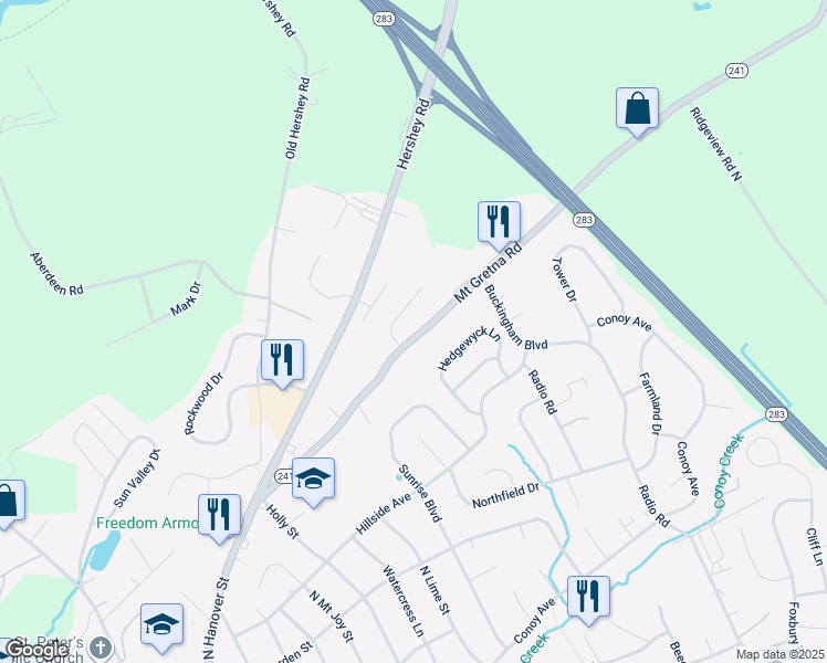 map of restaurants, bars, coffee shops, grocery stores, and more near 596 Mount Gretna Road in Elizabethtown