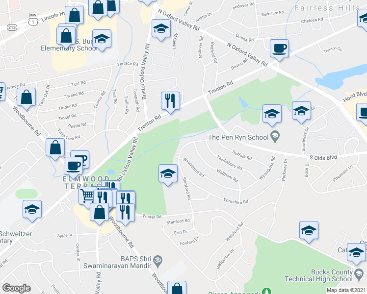 map of restaurants, bars, coffee shops, grocery stores, and more near 131 Blough Road in Fairless Hills