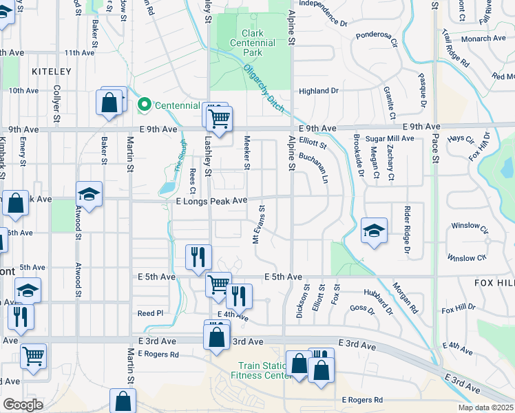 map of restaurants, bars, coffee shops, grocery stores, and more near 620 Meeker Street in Longmont