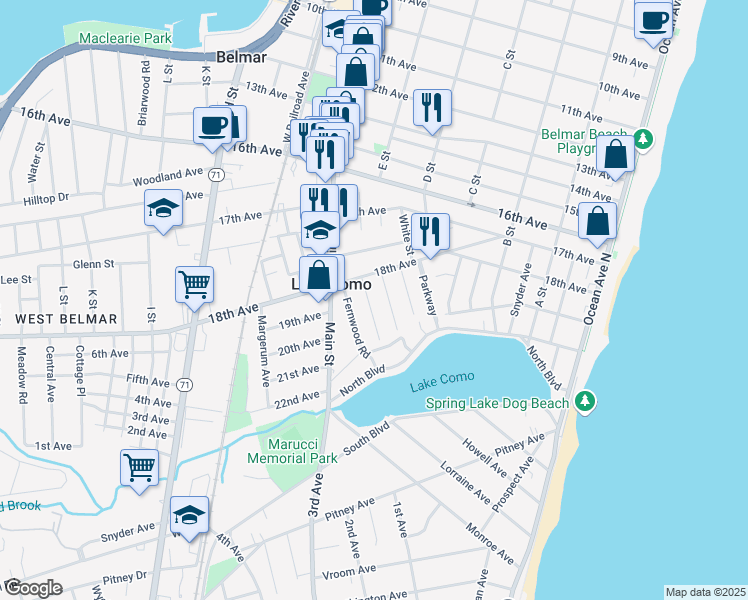 map of restaurants, bars, coffee shops, grocery stores, and more near 1823 1/2 Pine Terrace in Belmar