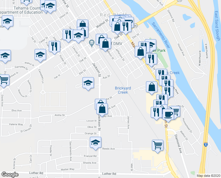 map of restaurants, bars, coffee shops, grocery stores, and more near 100 Jackson Street in Red Bluff