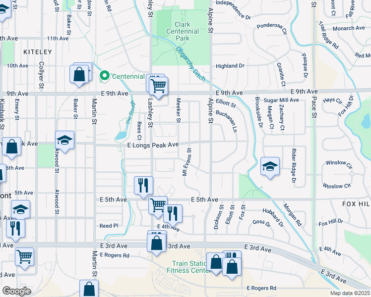 map of restaurants, bars, coffee shops, grocery stores, and more near 620 Meeker Street in Longmont