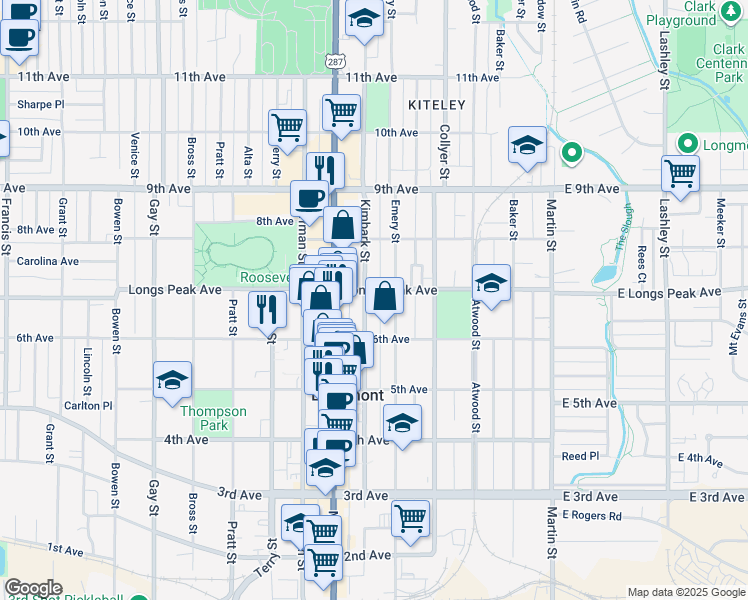 map of restaurants, bars, coffee shops, grocery stores, and more near 625 Emery Street in Longmont