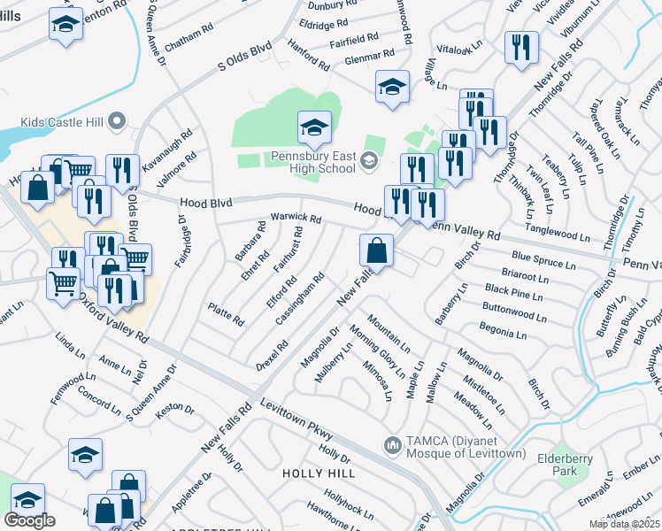 map of restaurants, bars, coffee shops, grocery stores, and more near 508 Cassingham Road in Fairless Hills