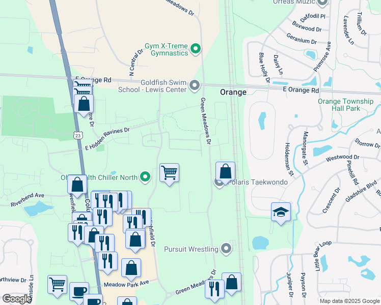 map of restaurants, bars, coffee shops, grocery stores, and more near 784 Spring Valley Drive in Lewis Center