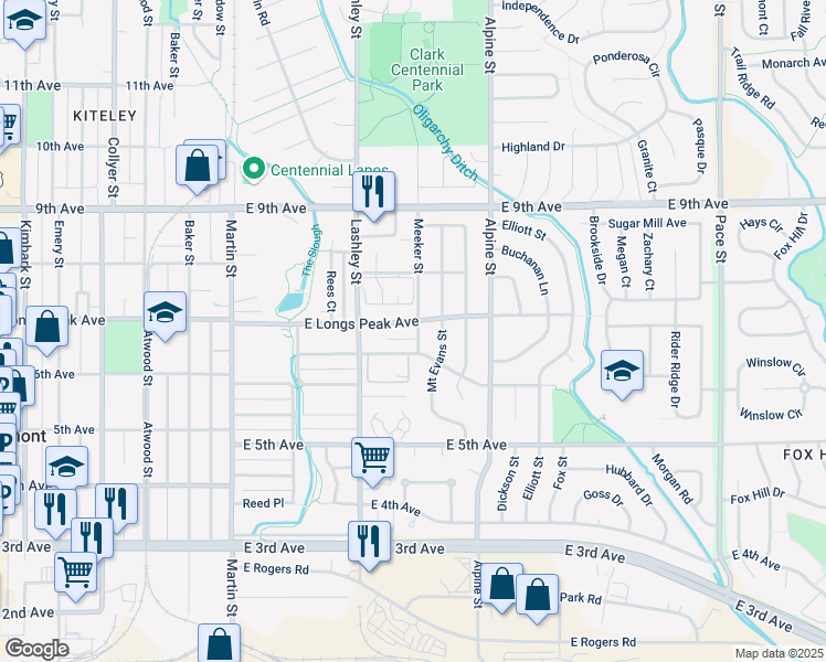 map of restaurants, bars, coffee shops, grocery stores, and more near 233 East Longs Peak Avenue in Longmont