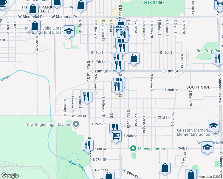map of restaurants, bars, coffee shops, grocery stores, and more near 2701 South Elm Street in Muncie
