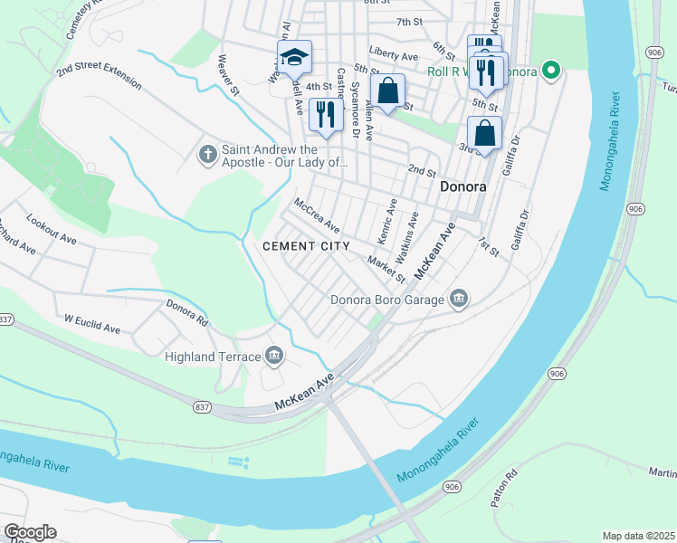 map of restaurants, bars, coffee shops, grocery stores, and more near 100 Brokaw Avenue in Donora