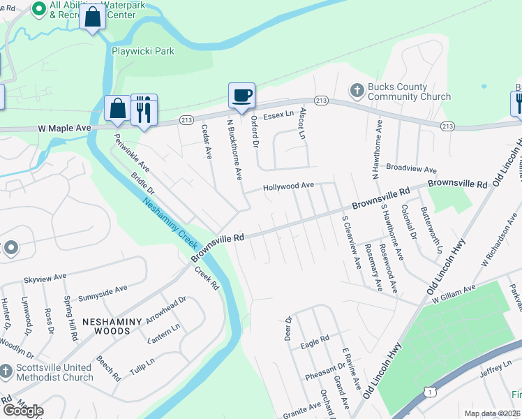 map of restaurants, bars, coffee shops, grocery stores, and more near 151 North Buckthorne Avenue in Langhorne