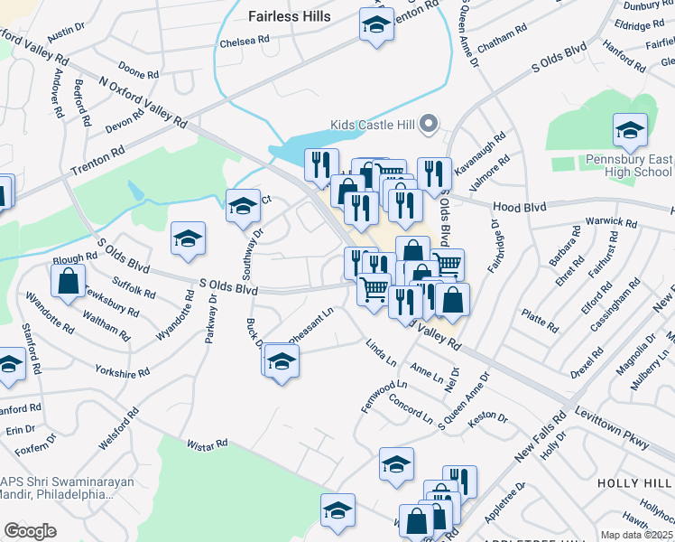 map of restaurants, bars, coffee shops, grocery stores, and more near 221 Chilton Way in Fairless Hills