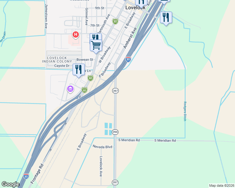 map of restaurants, bars, coffee shops, grocery stores, and more near 650 South Meridian Road in Lovelock