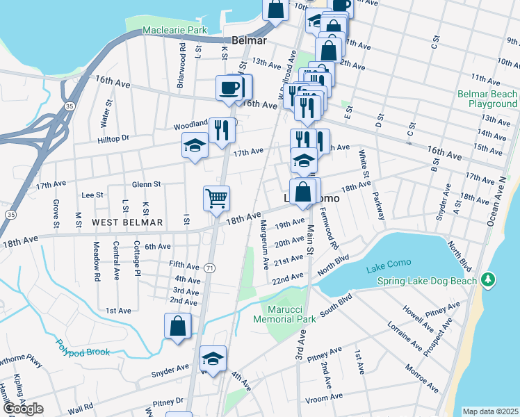 map of restaurants, bars, coffee shops, grocery stores, and more near 1801 Margerum Avenue in Belmar