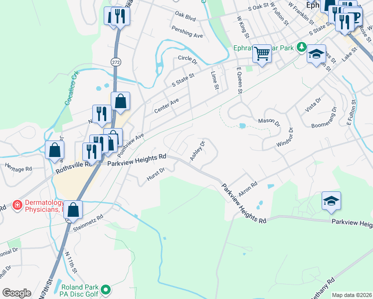 map of restaurants, bars, coffee shops, grocery stores, and more near Honeysuckle Lane in Ephrata