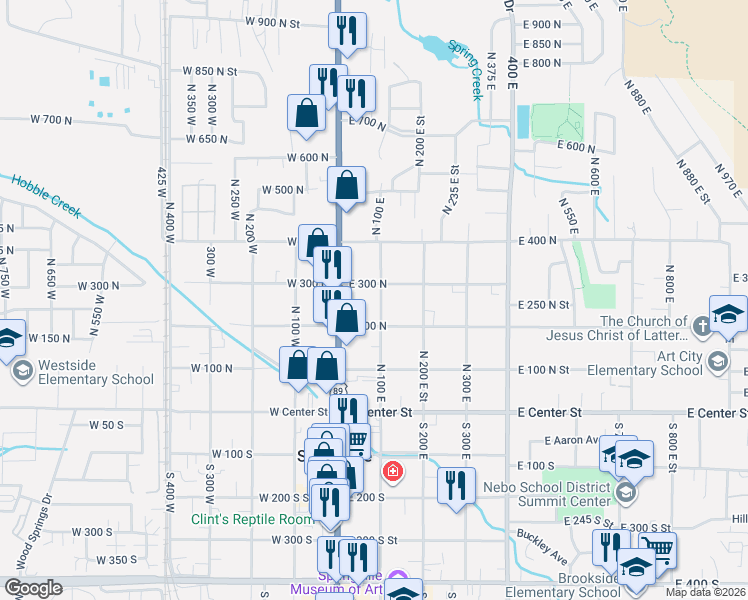 map of restaurants, bars, coffee shops, grocery stores, and more near 263 North 100 West in Springville