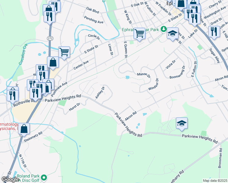 map of restaurants, bars, coffee shops, grocery stores, and more near 200 Heatherwood Drive in Ephrata