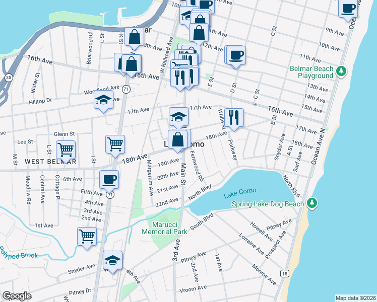 map of restaurants, bars, coffee shops, grocery stores, and more near 1818 Fernwood Road in Belmar