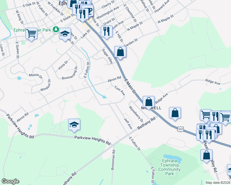 map of restaurants, bars, coffee shops, grocery stores, and more near 157 Tom Avenue in Ephrata