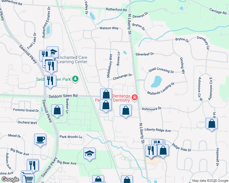 map of restaurants, bars, coffee shops, grocery stores, and more near 78 Featherstone Court in Powell