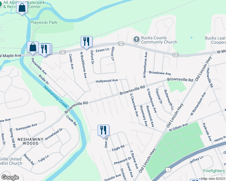 map of restaurants, bars, coffee shops, grocery stores, and more near 119 North Woodbine Avenue in Langhorne