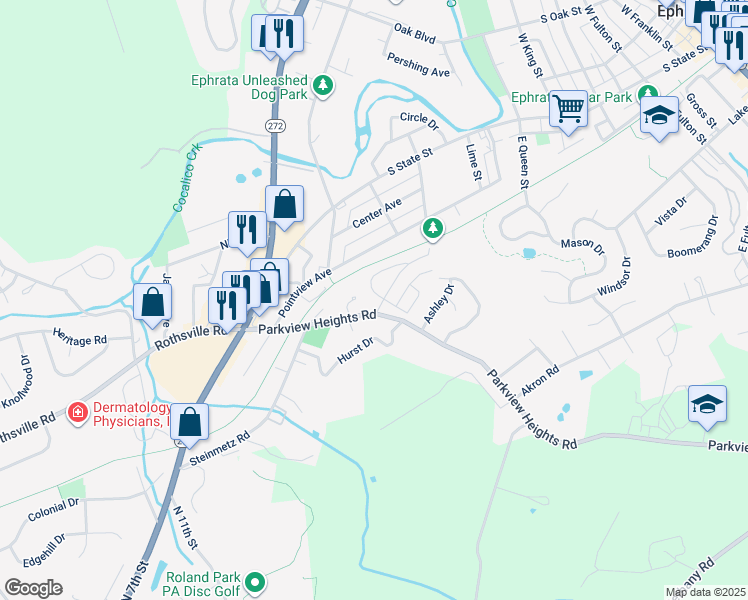 map of restaurants, bars, coffee shops, grocery stores, and more near 731 Primrose Lane in Ephrata