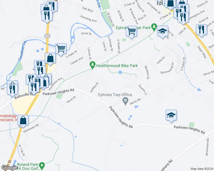 map of restaurants, bars, coffee shops, grocery stores, and more near 215 Heatherwood Drive in Ephrata