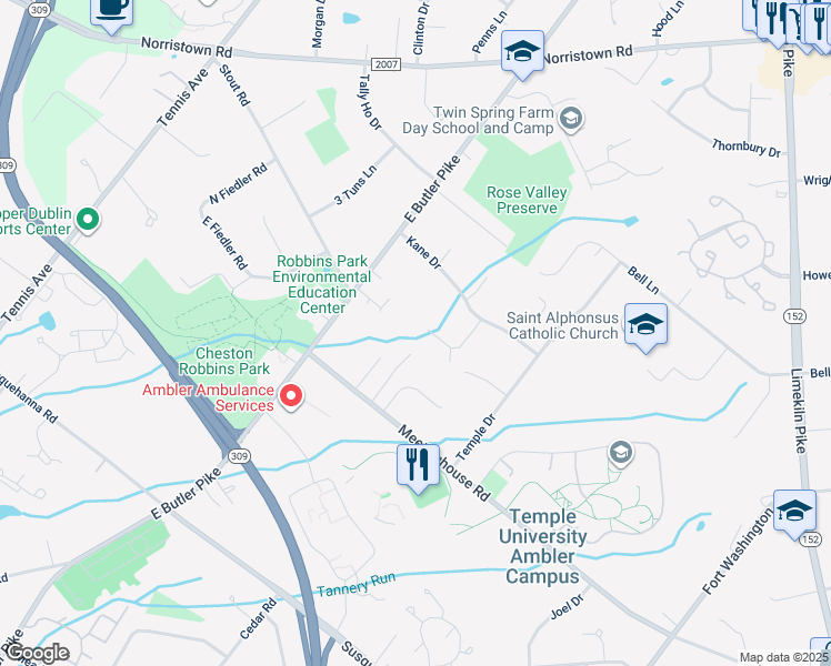 map of restaurants, bars, coffee shops, grocery stores, and more near 11 Willet Drive in Maple Glen