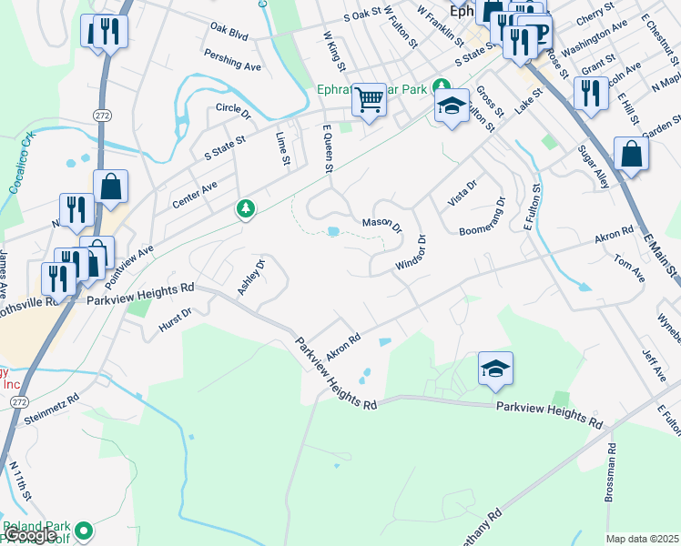 map of restaurants, bars, coffee shops, grocery stores, and more near 257 Windsor Dr in Ephrata