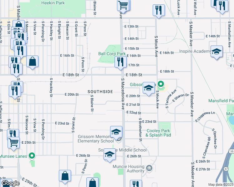 map of restaurants, bars, coffee shops, grocery stores, and more near 1621 East 20th Street in Muncie