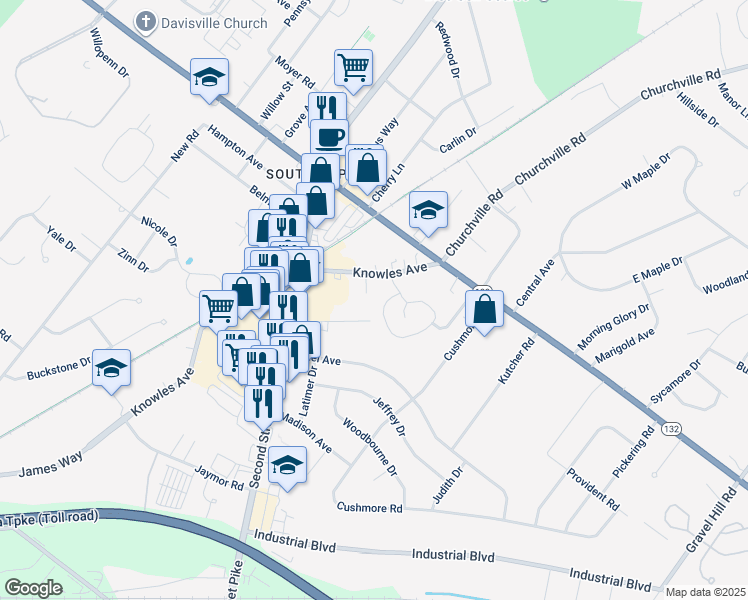 map of restaurants, bars, coffee shops, grocery stores, and more near 1004 Steamboat Station Drive in Bucks County